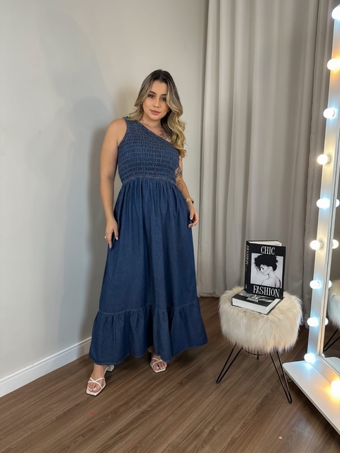 VESTIDO LONGO JEANS OMBRO SÓ BUSTO ELASTEX 360 - comprar online