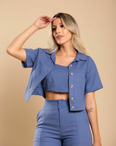 JAQUETA LINHO BOTOES E TOP AZUL 230704