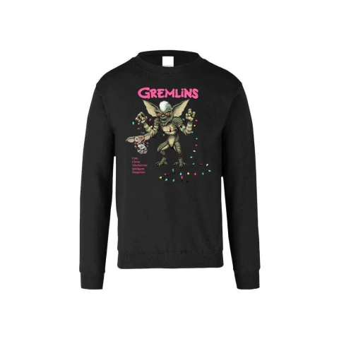 Sudadera sin capucha unisex para adulto color negra con diseño de los personajes de Gremlins envueltos en luces navideñas