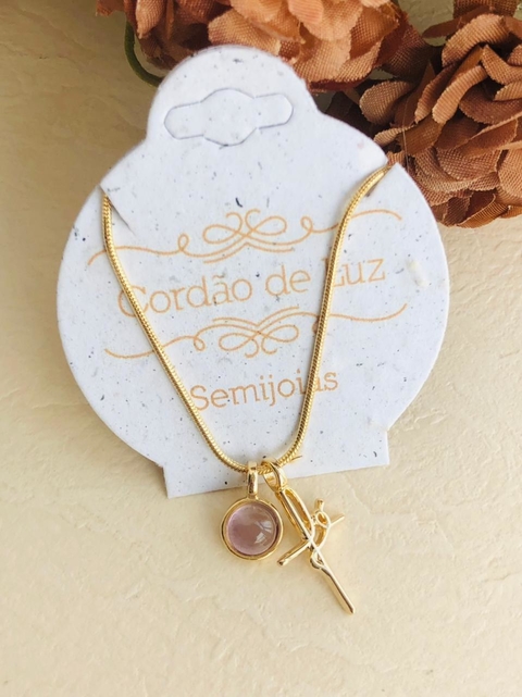 COLAR COM PINGENTE DUPLO REMOVÍVEL FÉ E PEDRA NATURAL AMETISTA
