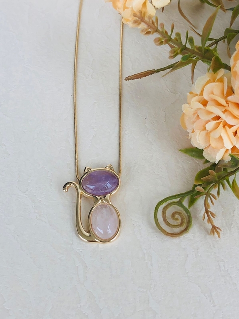COLAR GATINHO COM PEDRA NATURAL AMETISTA E QUARZTO ROSA