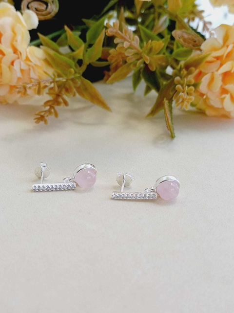 BRINCO PALITO PRATA 925 COM PEDRA NATURAL QUARTZO ROSA