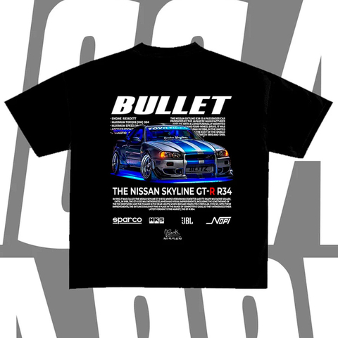 CAMISETA PREMIUM EDIÇÃO CARROS - Nissan Skyline GT-R R34 BULLET - ESTAMPA FRENTE E COSTAS