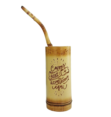 Cuia Tererê de Bambu + Bomba com Gravação " Coisas boas acontecem aqui "