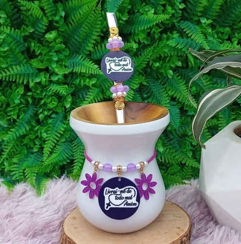 Kit Chimarrão 3 Peças Cuia + Bomba 42 + Pulseira 105 " Livrai-me de todo mau amém "
