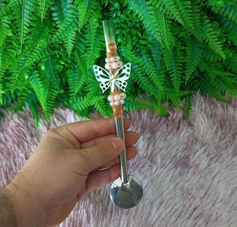 Bomba em Inox Decorada " Borboleta Branco Festa " n57