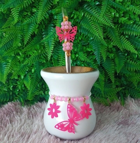 Kit Chimarrão 3 Peças Cuia + Bomba 54 + Pulseira 121 " Borboleta Rosa Neon "