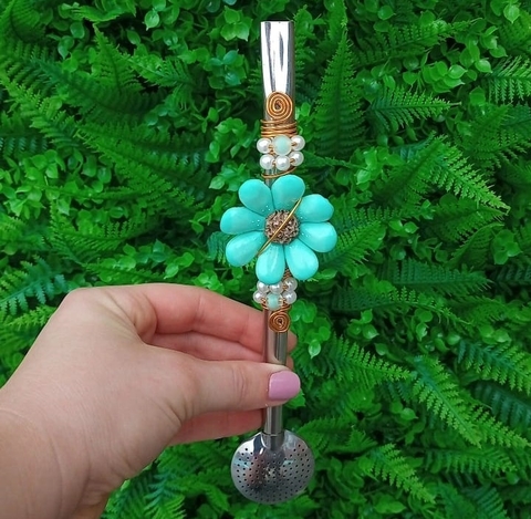 Bomba em Inox Decorada " Flor Biscuit Verde Tifany " n69