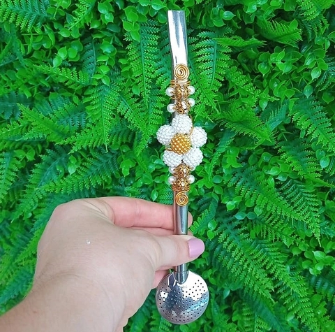 Bomba em Inox Decorada " Pérola Craquelada Dourada " n75