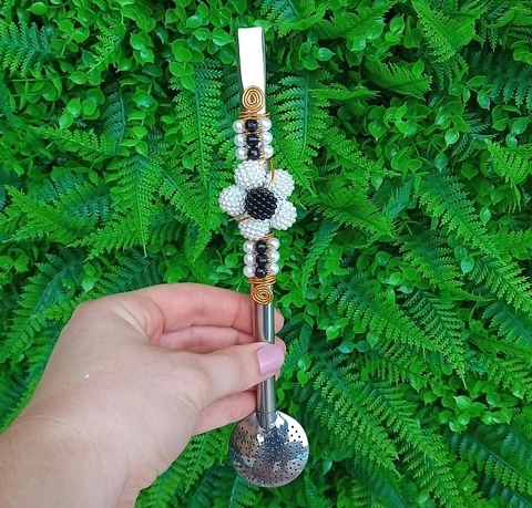 Bomba em Inox Decorada " Pérola Craquelada Preto " n76