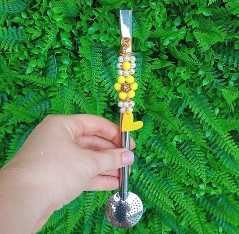 Bomba em Inox Decorada " Flor e Coração Amarelo " n81