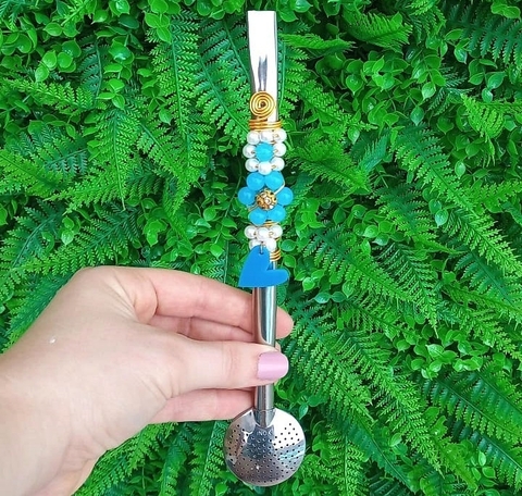 Bomba em Inox Decorada " Flor e Coração Azul " n84