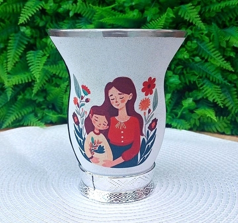 Cuia Baixa Forrada Dia das Mães " Mãe e Filha flores azuis " Branco