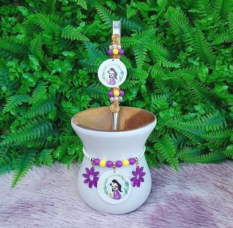 Kit Chimarrão 3 Peças Cuia + Bomba 100 + Pulseira 189 " Mãe Roxo "