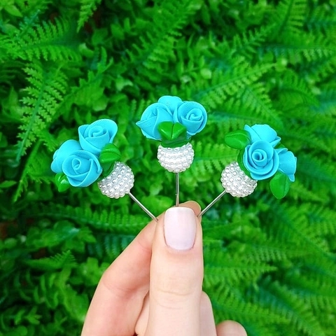 Kit 3 Enfeites de Cuia Buque de Rosas Azul Pérola