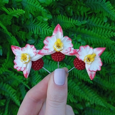 Kit 3 Enfeites de Cuia Orquídea Vermelho Pérola