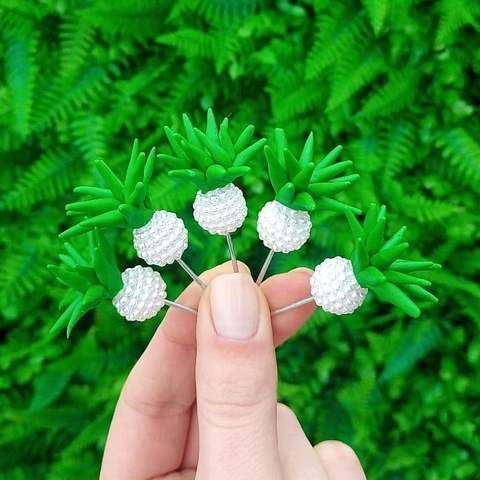 Kit 5 Enfeites de Cuia Suculenta Verde Pontuda com Pérola