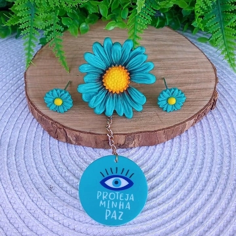 Kit Flores com Pingente " Proteja Minha Paz " Verde Tiffany
