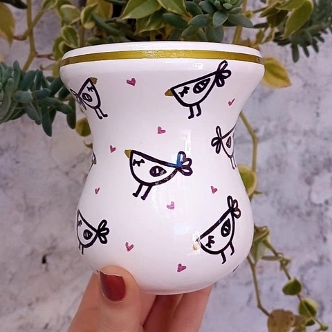 Cuia de Madeira Pintada a Mão " Passarinhos "