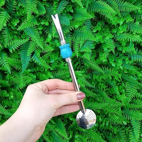 Bomba de Chimarrão Inox " Azul Bebê " Cuia 22cm