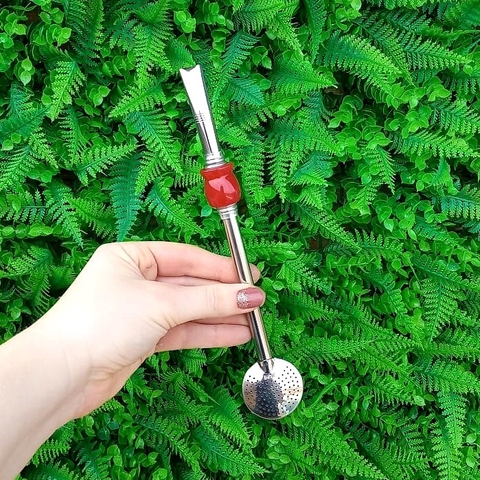 Bomba de Chimarrão Inox " Vermelha " Cuia 22cm