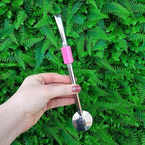 Bomba de Chimarrão Inox " Rosa Bebê " Tubo 22cm