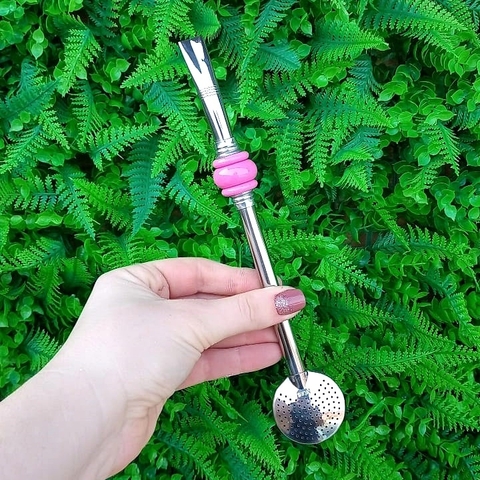 Bomba de Chimarrão Inox " Rosa Bebe " 3 Elos 22cm
