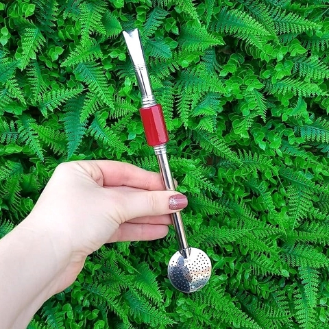 Bomba de Chimarrão Inox " Vermelho " Tubo 22cm