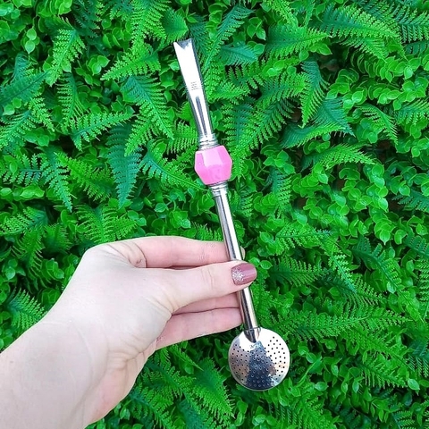 Bomba de Chimarrão Inox " Rosa Bebe " sextavada 22cm