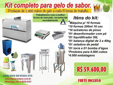 Kit Completo Gelo Sabor 1.400 cubos 200ml a cada 8 horas de trabalho.