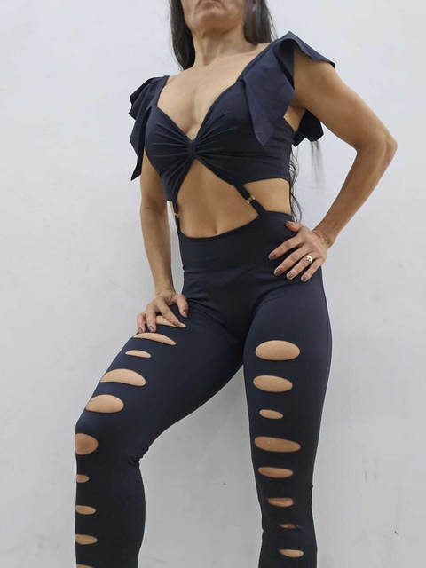 MACACÃO ARGOLINHA LASER OVAL MANGUINHA FRUFRU PRETO na internet