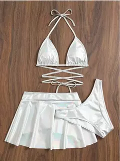 Imagem do Conjunto Lingerie com saia Holográfico Rosa