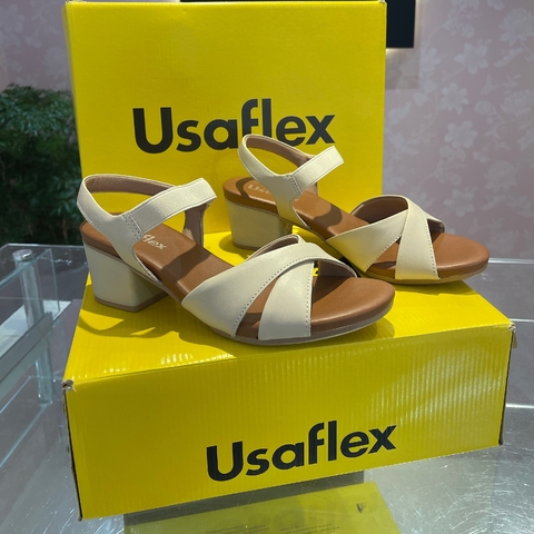 Usaflex Sandália Salto Bloco Couro Bege Elástico - AE3222 VANILHA - LEIAM A DESCRIÇÃO