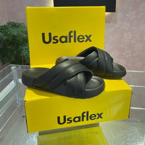 Usaflex Chinelo Slide Preto Salto Plataforma Couro Tira Cruzada - AI2601 Preto - Leiam a descrição