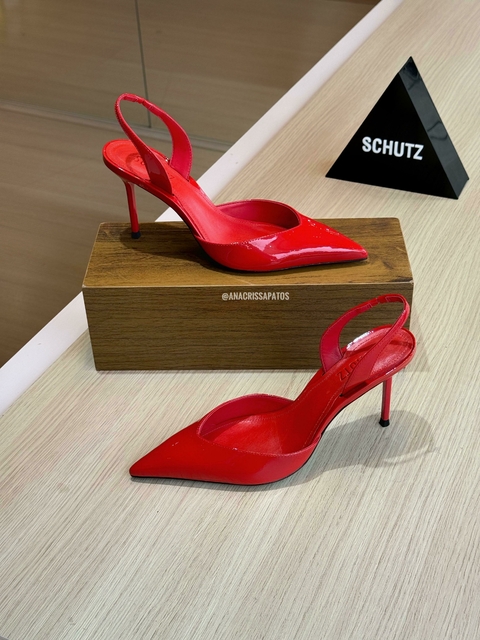 Schutz Scarpin Slingback Vermelho Verniz Salto Médio Fino