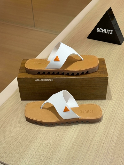Schutz Flat Rasteira Tratorada Couro Branco Off / Laranja Logo