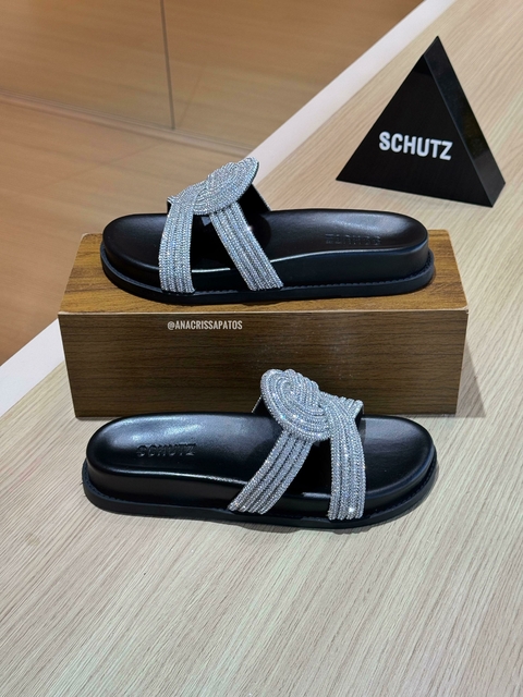 Schutz Birken Couro Preto Strass Papete