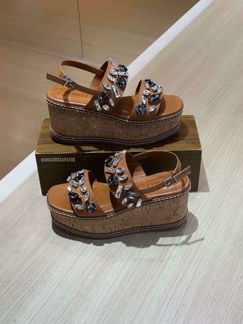Schutz Anabela Plataforma Sandália Couro Cortiça Pedraria
