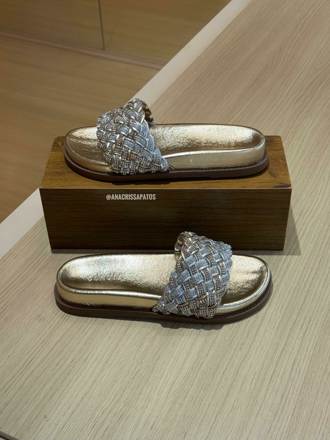 Schutz Birken Dourado Couro Entrelaçado Prateado Strass Papete Palmilha Macia