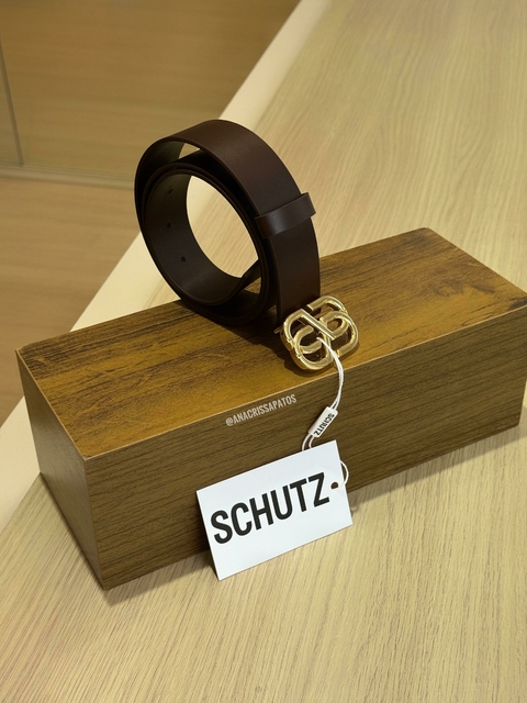 Schutz Cinto Couro Root Brown Marrom Escuro Fivela Dourada