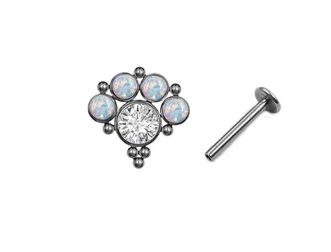 Labret ornamental titânio 8mm, zircônia cristal e opala branca, rosca interna.