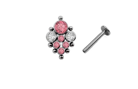 Labret ornamental titânio zircônia cristal e rosa 10mm, rosca interna.