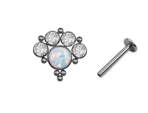 Labret ornamental titânio zircônia e opala, 8mm, rosca interna.