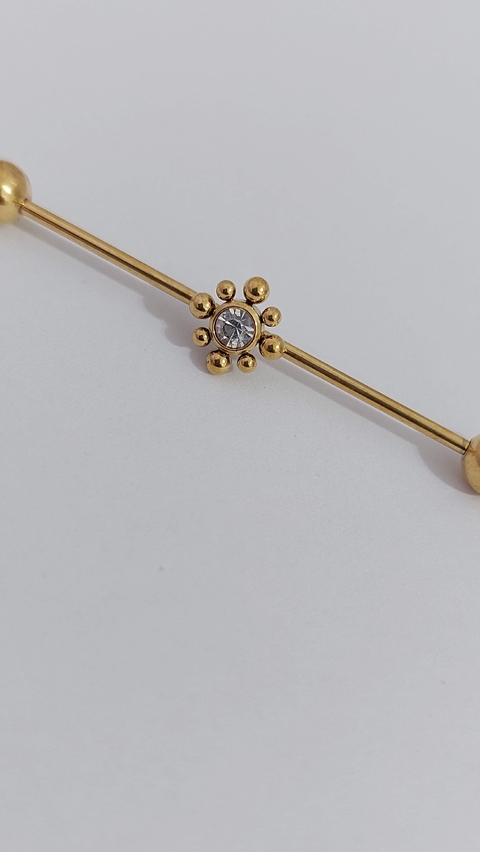 Barbell aço cirúrgico 38mm, PVD gold. Pedra strass.