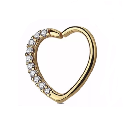 Coração aço gold strass lado esquerdo 10mm torção. Banhado.
