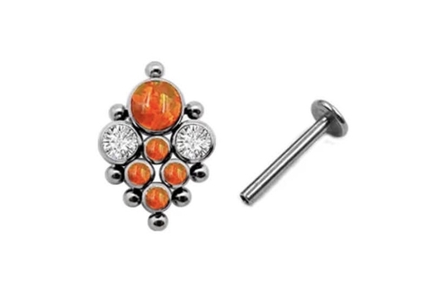 Labrete ornamental titânio zircônia e opala laranja, 10mm, rosca interna.