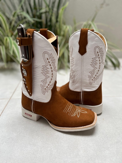 KIT TEXANA RAIZ COURO BRANCO E NOBUCK MARROM CLARO + BAINHA + FACA - comprar online