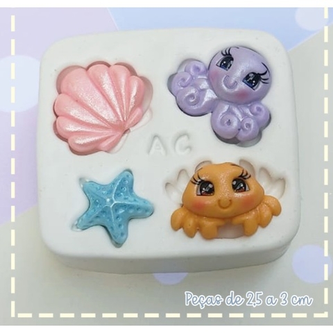 MOLDE SILICONE FUNDO DO MAR 2 Arte da Cris,(Polvo, Caranguejo,Estrela, Concha, Molde Fundo do Mar, Mar)