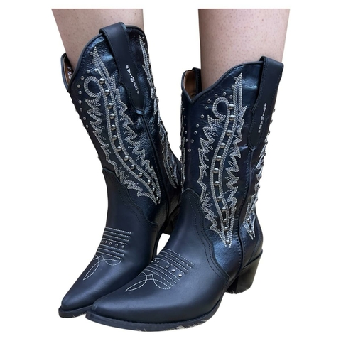 BOTA TEXANA VIMAR BICO FINO PRETO RIBITES BORDADO
