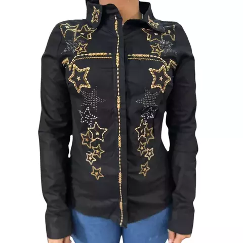 CAMISETE MINUTY FEMININA PRETA BORDADO ESTRELA E STRASS